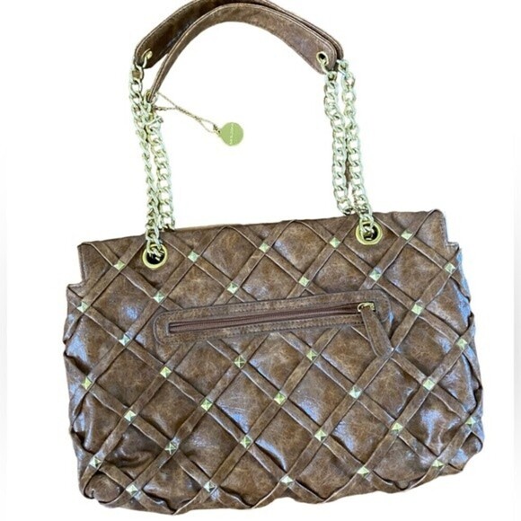 Big Buddha Chocolate Brown Weaved Studded Vegan Leather Turn Lock Shoulder Bag - Picture 7 of 11